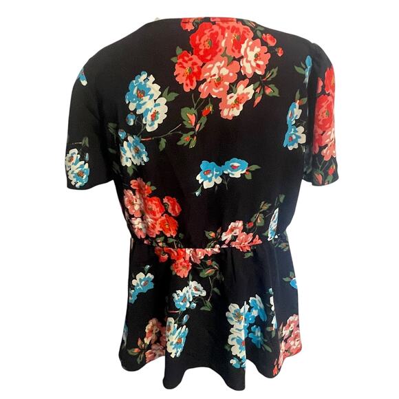 ASOS Floral Surplice Top Womens Size 8 Black Pink Blue Lace Trim Peplum Blouse - Picture 4 of 9